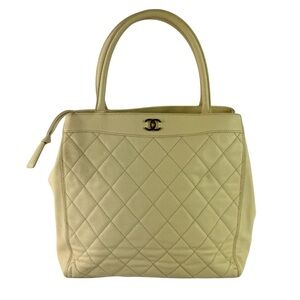 CHANEL Beige Caviar Leather Quilted CC Shopping Satchel Tote Bag Made in Italy